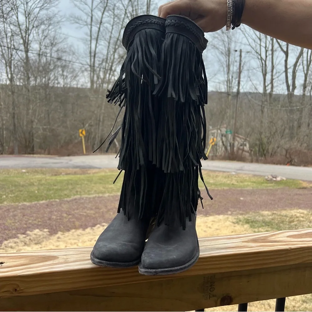 Liberty Black Fringed Black Western Knee-High Cowboy Boots - Women - Picture 2 of 9